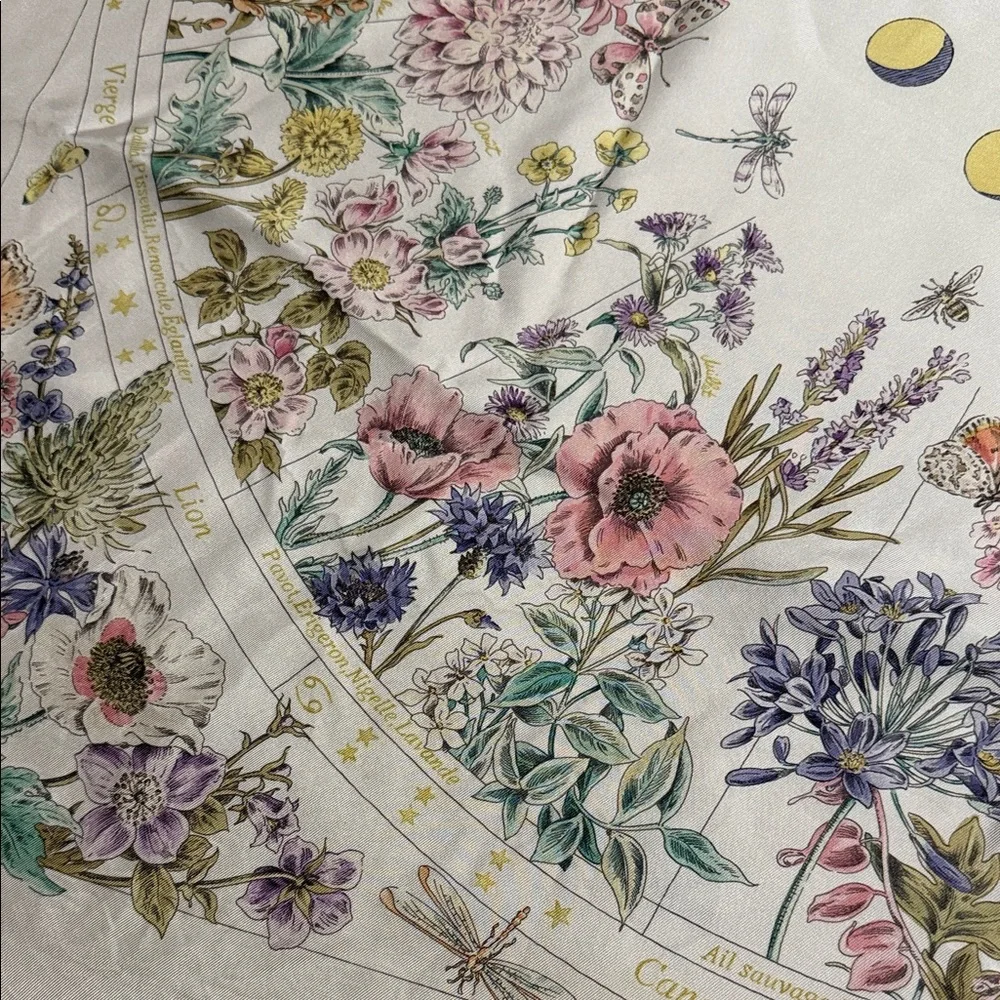 Dior White Silk Scarf with Floral and Sun Design
